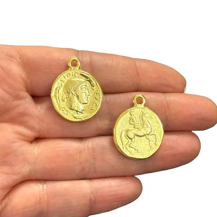 24Kt Gold Plated Ancient Greek Coin Charms 2 pcs in a pack Peppy Beads Earrings