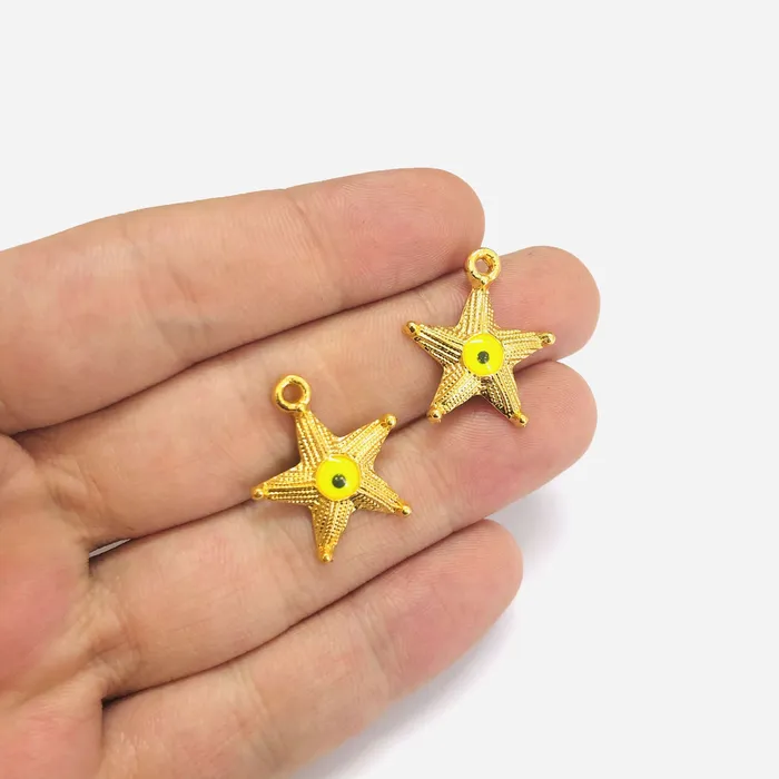 24Kt Gold Plated Starfish Neon Yellow Evil Eye Charms 2 pcs in a pack Peppy Beads Earrings 24Kt Gold Plated Starfish Neon Yellow Evil Eye Charms 2 pcs in a pack Peppy Beads Earrings
