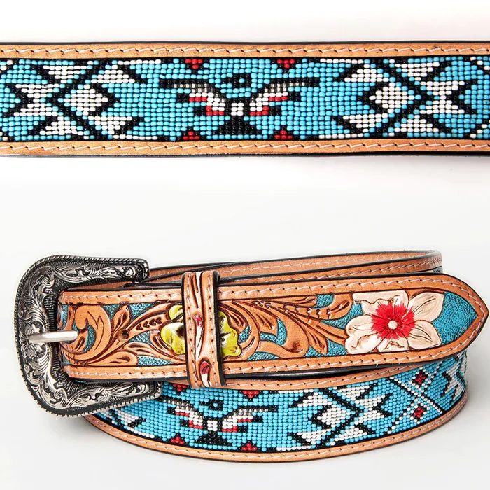 AMERICAN DARLING Necklaces AMERICAN DARLING LEATHER TOOLED AND BEADED BELT ADBLF144