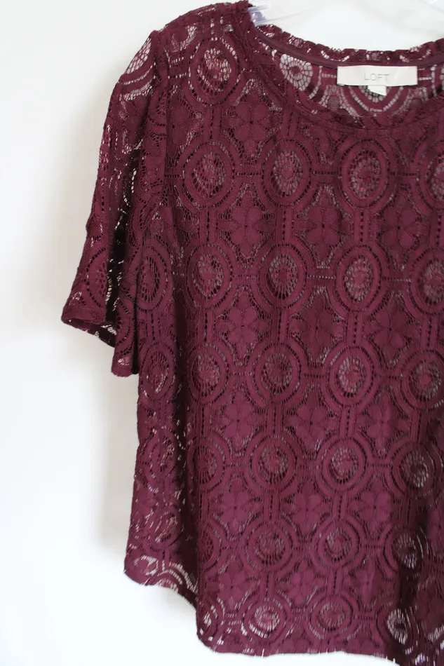 Ann Taylor LOFT Earrings LOFT Dark Plum Lace Overlay Top S Ann Taylor LOFT Earrings LOFT Dark Plum Lace Overlay Top S