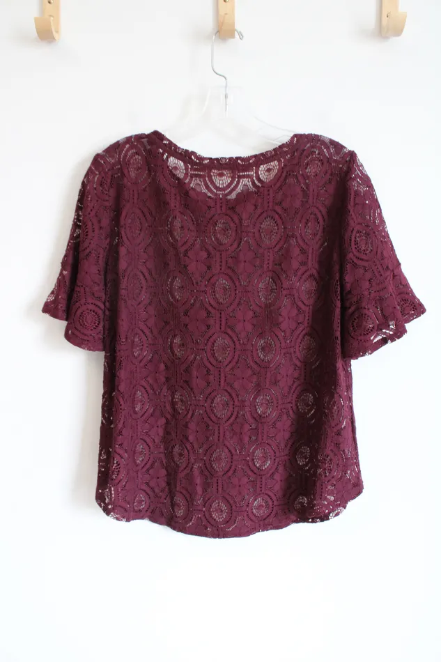 Ann Taylor LOFT Earrings LOFT Dark Plum Lace Overlay Top S Ann Taylor LOFT Earrings LOFT Dark Plum Lace Overlay Top S
