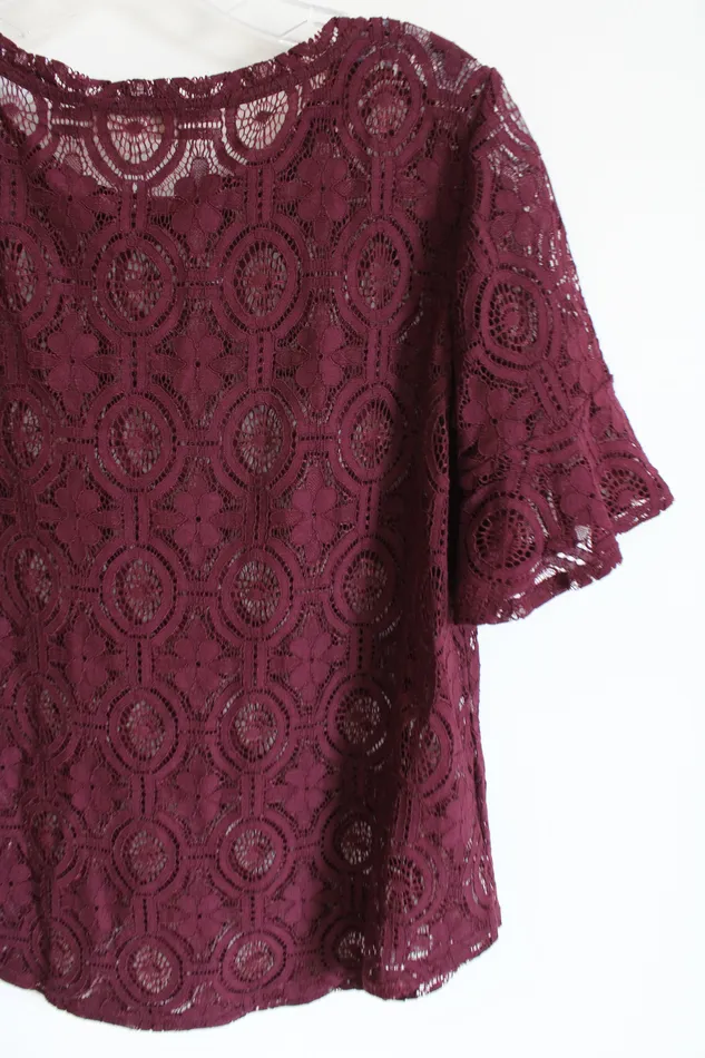 Ann Taylor LOFT Earrings LOFT Dark Plum Lace Overlay Top S Ann Taylor LOFT Earrings LOFT Dark Plum Lace Overlay Top S