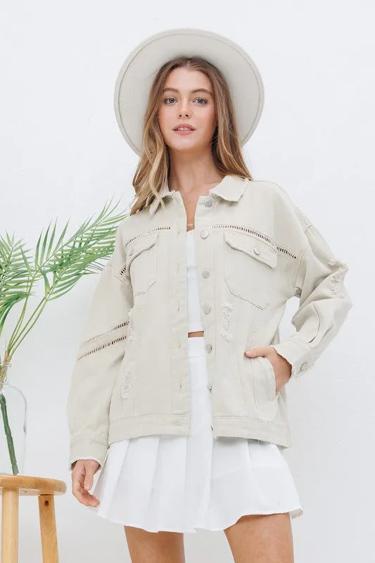 BLUE B COLLECTION Earrings SNAP UP TWILL DISTRESSED JACKET BEIGE