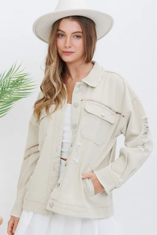 BLUE B COLLECTION Earrings SNAP UP TWILL DISTRESSED JACKET BEIGE