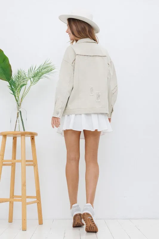 BLUE B COLLECTION Earrings SNAP UP TWILL DISTRESSED JACKET BEIGE