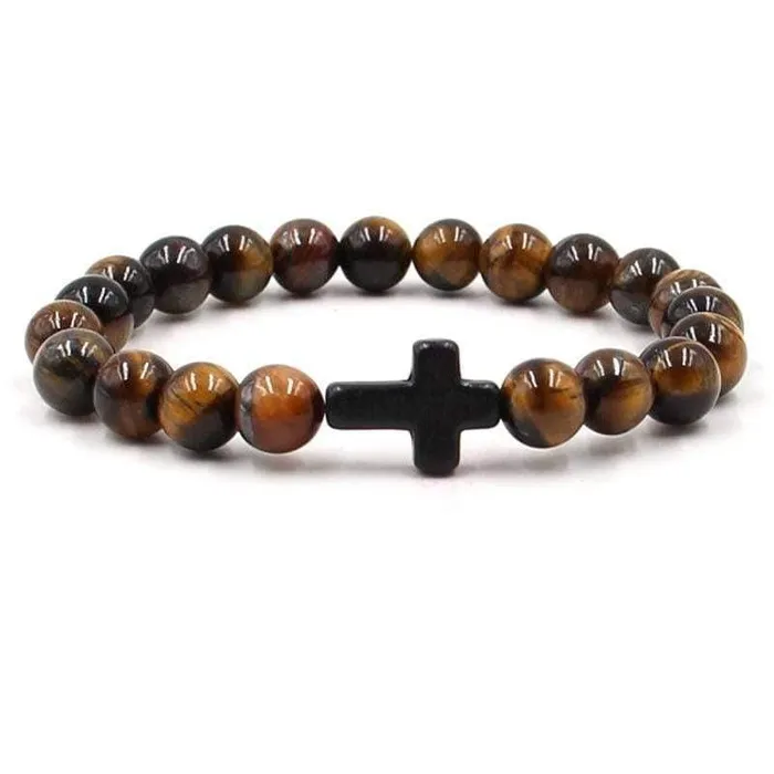 Bracelets Lords Guidance Cross Bead Bracelet br Tigers Eye Black