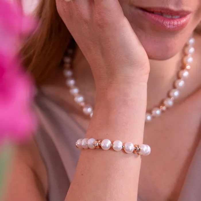 Bronzallure Earrings Bracciale con Rondelle toile e Perle Cerchiate dAcqua Dolce Bianche 8595 mm