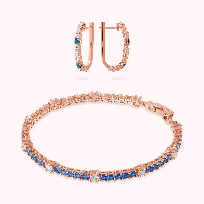 Bronzallure Earrings Set Bicolore Orecchini a Cerchio Ovali e Bracciale Tennis con Cubic Zirconia Bianche e Blu