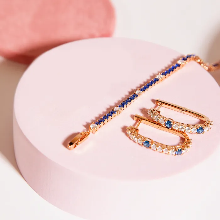 Bronzallure Earrings Set Bicolore Orecchini a Cerchio Ovali e Bracciale Tennis con Cubic Zirconia Bianche e Blu