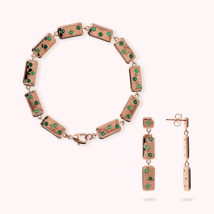 Bronzallure Earrings Set Bracciale e Orecchini Pendenti con Elementi Rettangolari e Cubic Zirconia Verdi