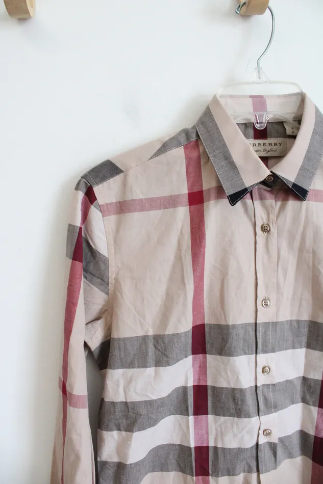 Burberry Earrings Burberry Brit Tan Red Check Long Sleeved Button Down Cotton Top S Petite