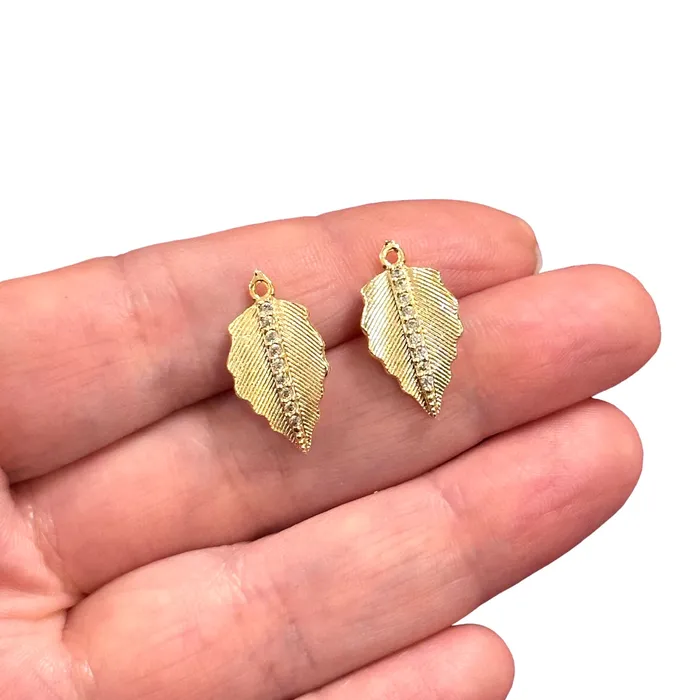 Earrings 24Kt Gold Plated CZ Micro Pave Leaf Charms 2 pcs in a pack Peppy Beads