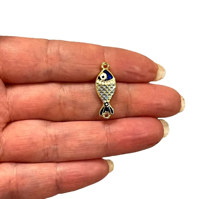 Earrings 24Kt Gold Plated Double Side Blue Enamelled Fish Connector Charm Peppy Beads Earrings 24Kt Gold Plated Double Side Blue Enamelled Fish Connector Charm Peppy Beads