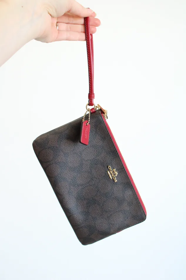 Earrings Coach Coach Brown Monogram Red Trim Corner Zip Wristlet Wallet