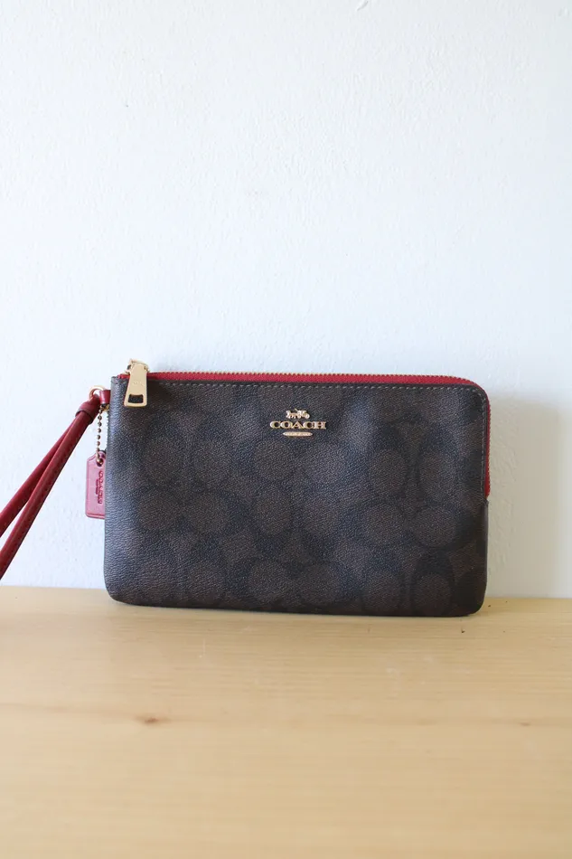 Earrings Coach Coach Brown Monogram Red Trim Corner Zip Wristlet Wallet