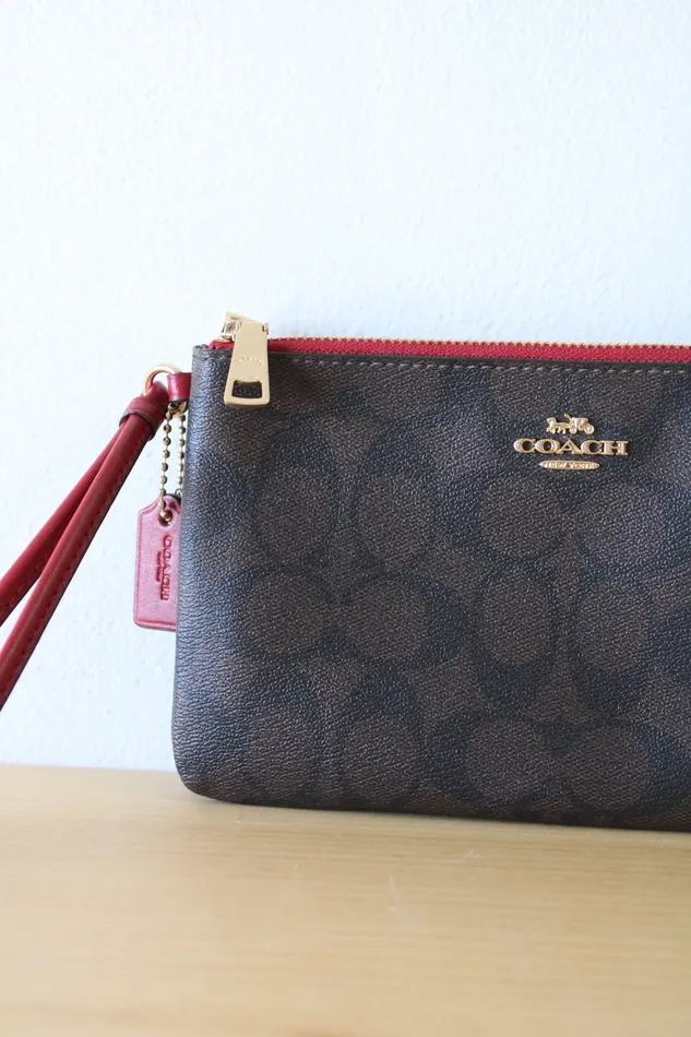 Earrings Coach Coach Brown Monogram Red Trim Corner Zip Wristlet Wallet