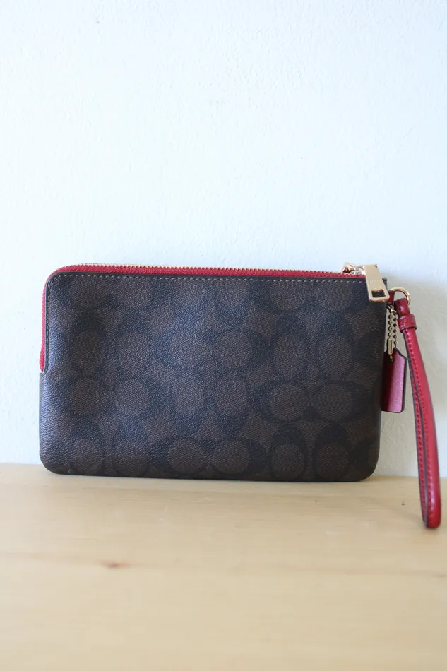 Earrings Coach Coach Brown Monogram Red Trim Corner Zip Wristlet Wallet