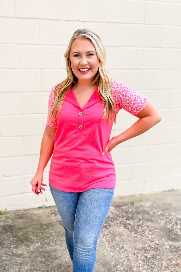 Earrings Heimish Set and Ready Spotted Sleeve Button Top Neon Pink