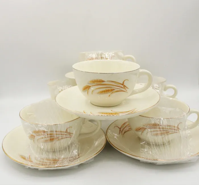 Earrings Jubilee Thrift Golden Wheat Homer Laughlin 22K Gold Oven Proof Made In USA Set Of 6 Tea Cups Saucers