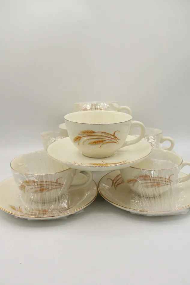 Earrings Jubilee Thrift Golden Wheat Homer Laughlin 22K Gold Oven Proof Made In USA Set Of 6 Tea Cups Saucers Earrings Jubilee Thrift Golden Wheat Homer Laughlin 22K Gold Oven Proof Made In USA Set Of 6 Tea Cups Saucers