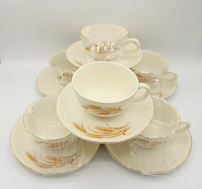 Earrings Jubilee Thrift Golden Wheat Homer Laughlin 22K Gold Oven Proof Made In USA Set Of 6 Tea Cups Saucers Earrings Jubilee Thrift Golden Wheat Homer Laughlin 22K Gold Oven Proof Made In USA Set Of 6 Tea Cups Saucers