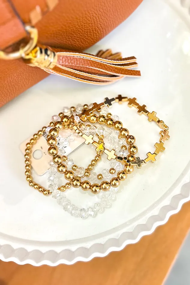 Earrings Judson Set of Five Faceted Beaded Stretch Bracelets ft Metal Cross Bead Focal Gold Earrings Judson Set of Five Faceted Beaded Stretch Bracelets ft Metal Cross Bead Focal Gold