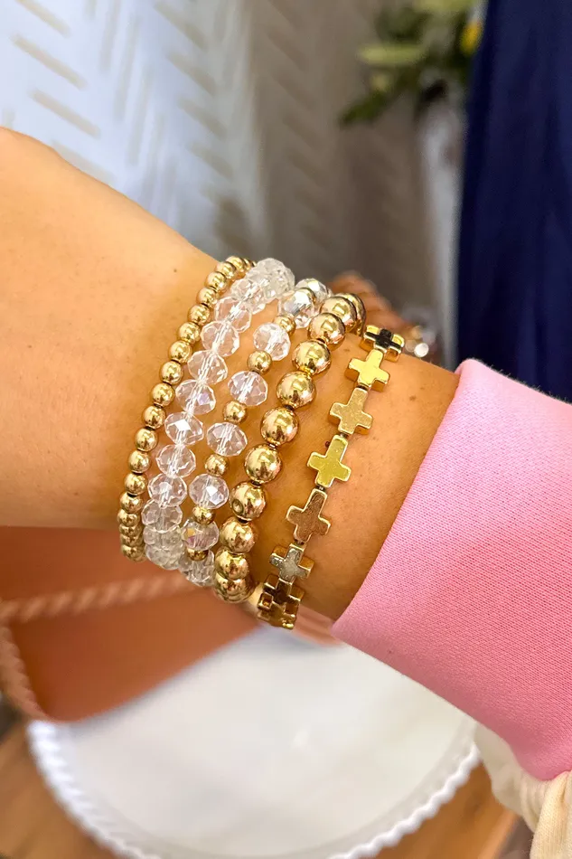 Earrings Judson Set of Five Faceted Beaded Stretch Bracelets ft Metal Cross Bead Focal Gold