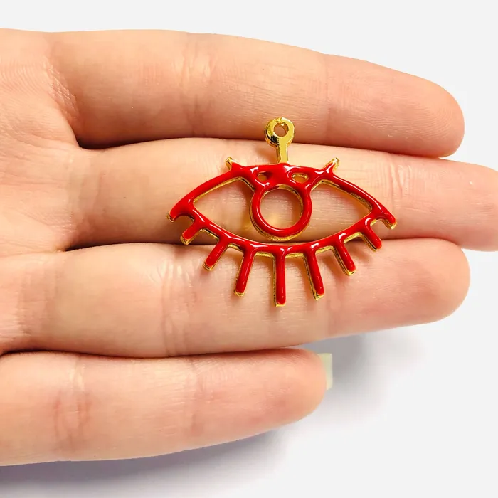 Earrings Peppy Beads 24Kt Shiny Gold Plated Red Enamelled Eye Charm