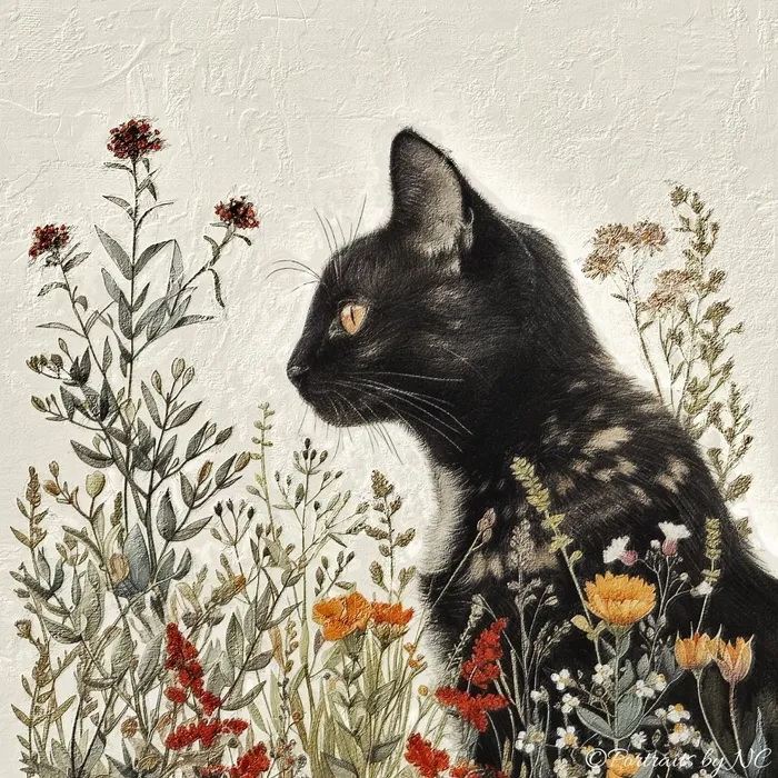 Earrings Portraits by NC Black Cat in Flower Field Pet Portrait Oil Portraits