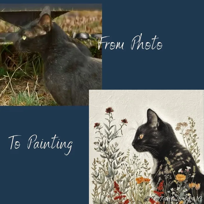 Earrings Portraits by NC Black Cat in Flower Field Pet Portrait Oil Portraits