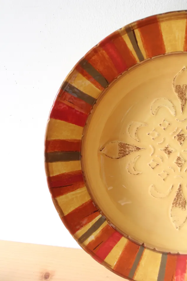 Earrings StoneLite Clay Art Medallion Painted StoneLite Yellow Red Brown Serving Bowl
