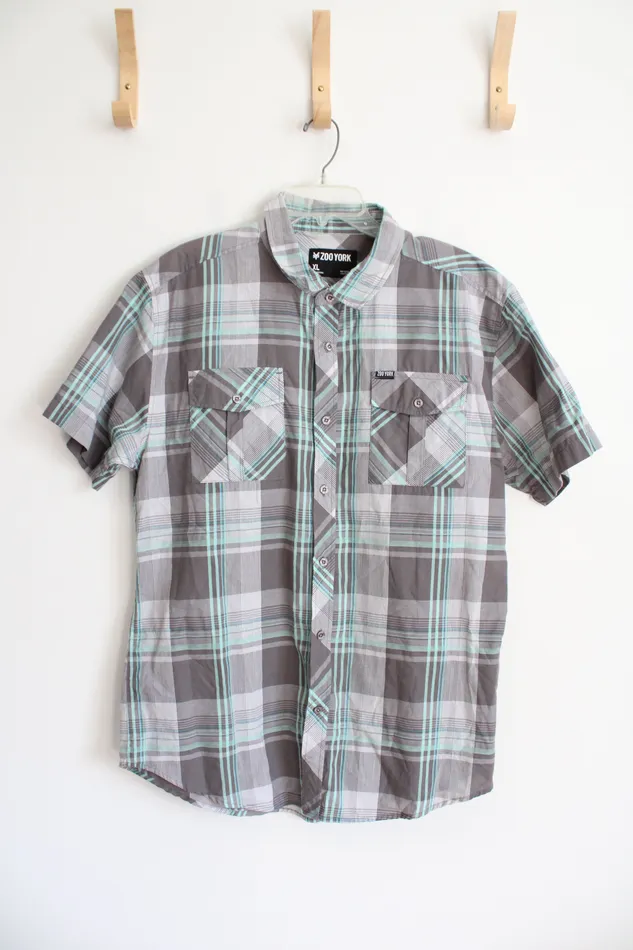 Earrings Zoo York Gray Teal Plaid Button Down Shirt XL Zoo York