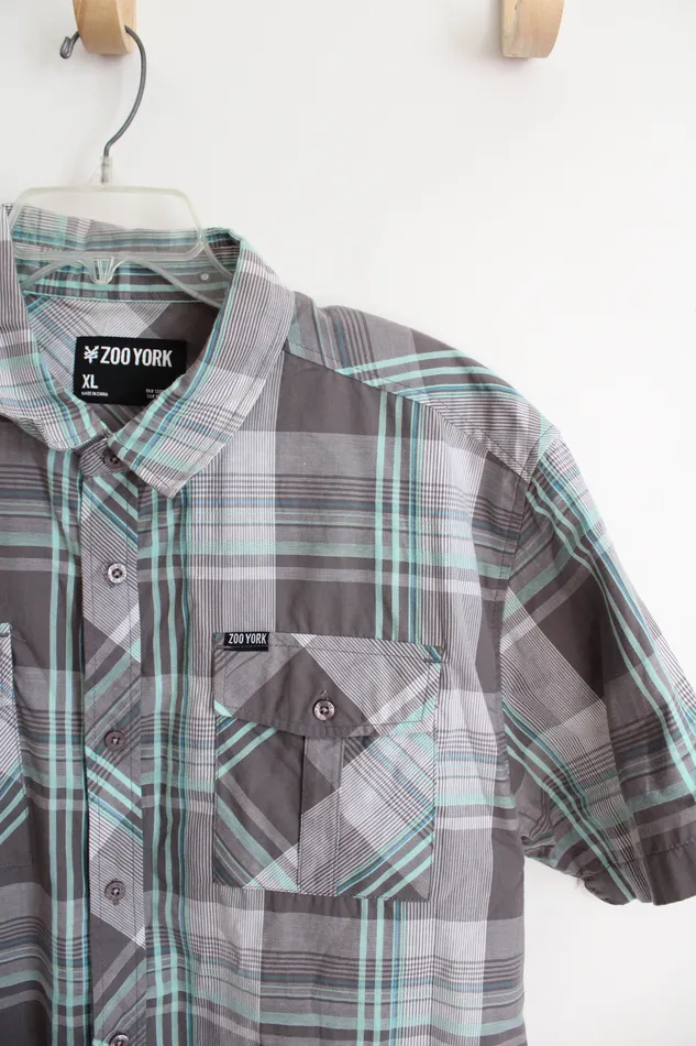 Earrings Zoo York Gray Teal Plaid Button Down Shirt XL Zoo York