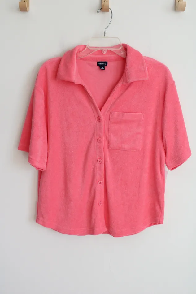 Gap NEW Gap Body Pink Terry Cloth Short Sleeved Button Down Top M Earrings