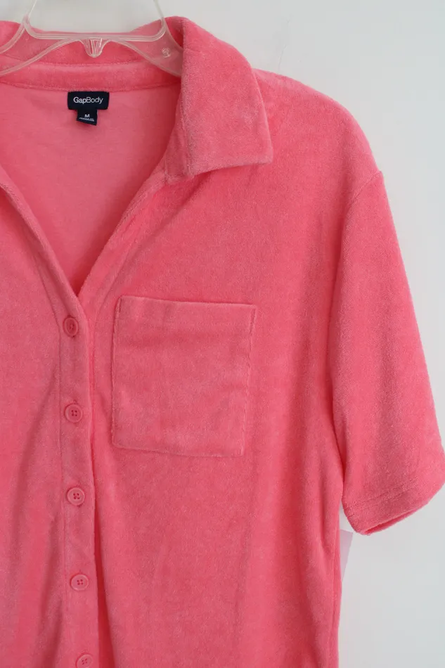 Gap NEW Gap Body Pink Terry Cloth Short Sleeved Button Down Top M Earrings