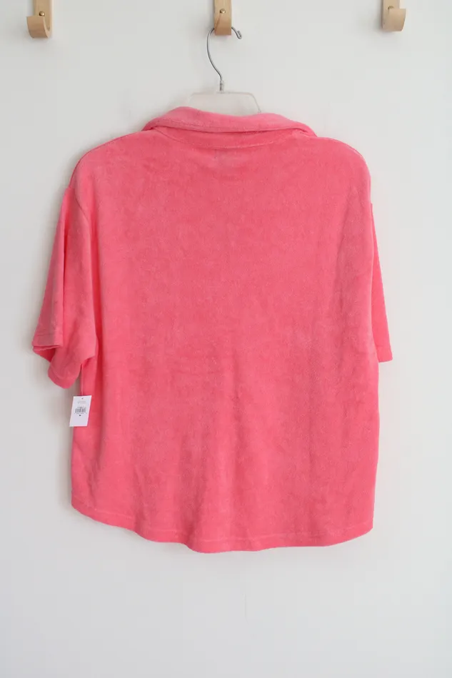 Gap NEW Gap Body Pink Terry Cloth Short Sleeved Button Down Top M Earrings