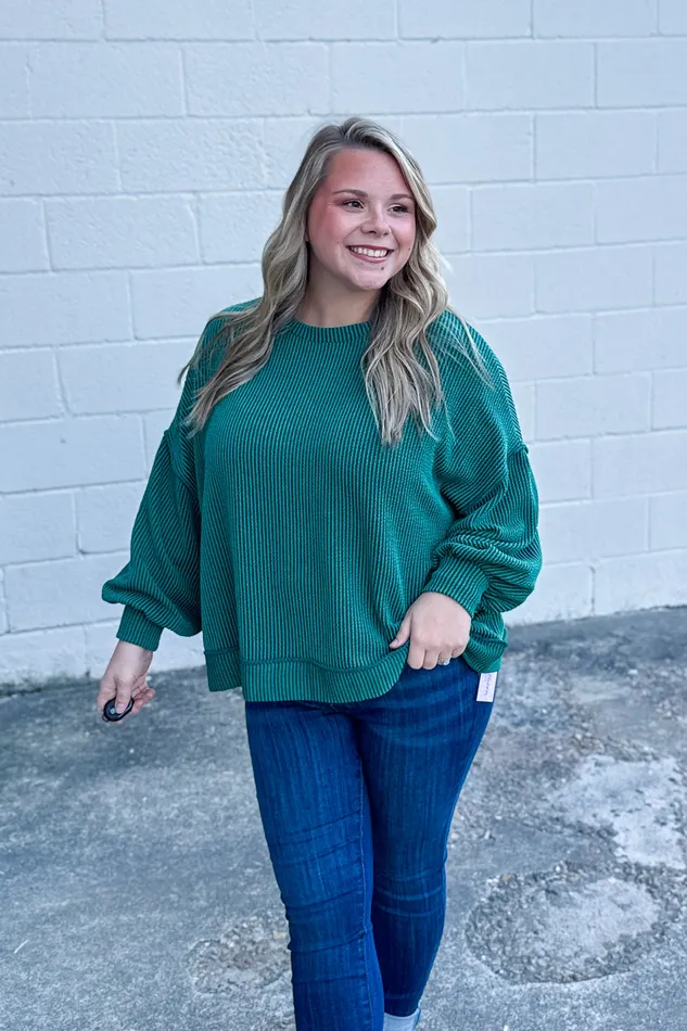 Haptics Earrings In A Dream Ribbed Pullover Top Hunter Green