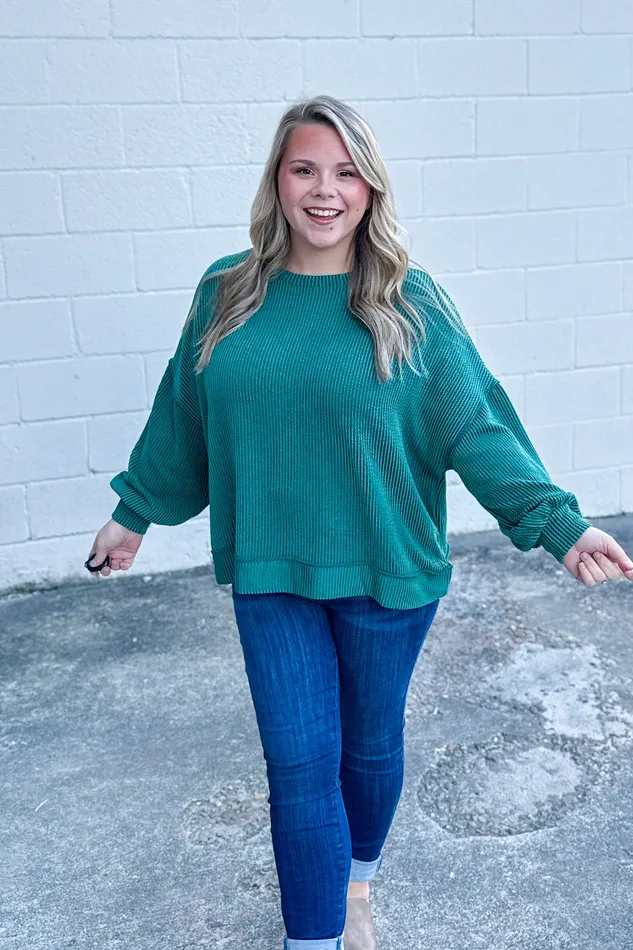Haptics Earrings In A Dream Ribbed Pullover Top Hunter Green