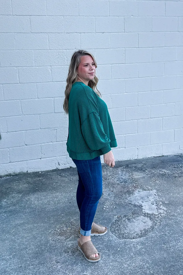Haptics Earrings In A Dream Ribbed Pullover Top Hunter Green
