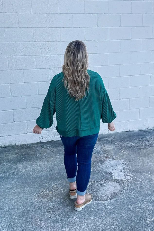 Haptics Earrings In A Dream Ribbed Pullover Top Hunter Green