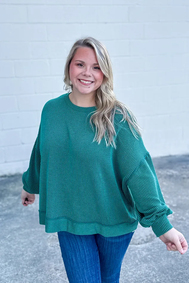 Haptics Earrings In A Dream Ribbed Pullover Top Hunter Green