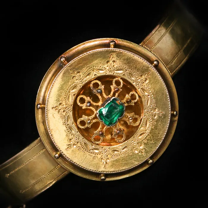 JC Blackburn Victorian 10k Yellow Gold and Green Glass Bangle Bracelet Bracelets JC Blackburn Victorian 10k Yellow Gold and Green Glass Bangle Bracelet Bracelets