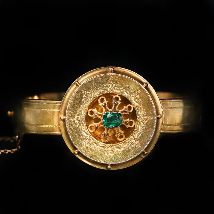 JC Blackburn Victorian 10k Yellow Gold and Green Glass Bangle Bracelet Bracelets