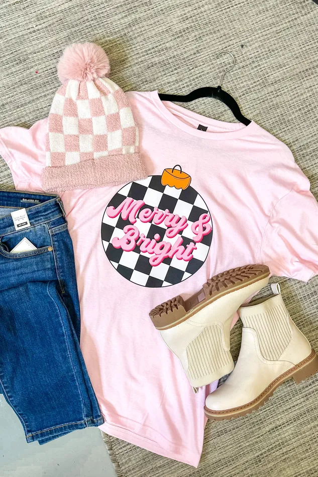 JL Franklins Earrings Merry Bright Checker Graphic Tee Light Pink