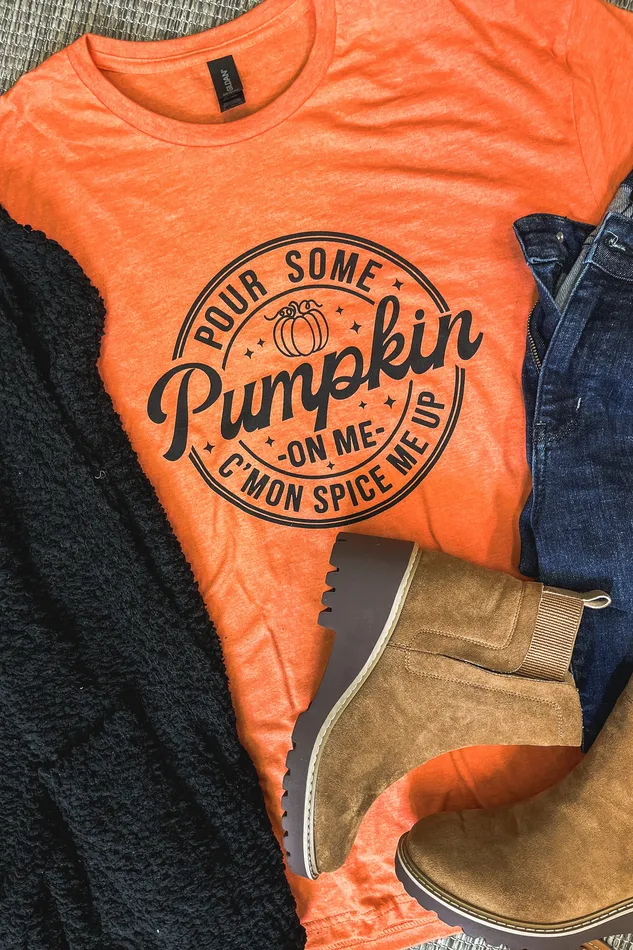 JL Franklins Earrings Pour Some Pumpkin On Me Graphic Tee Heather Orange