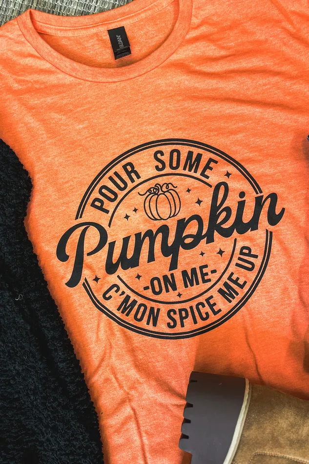 JL Franklins Earrings Pour Some Pumpkin On Me Graphic Tee Heather Orange