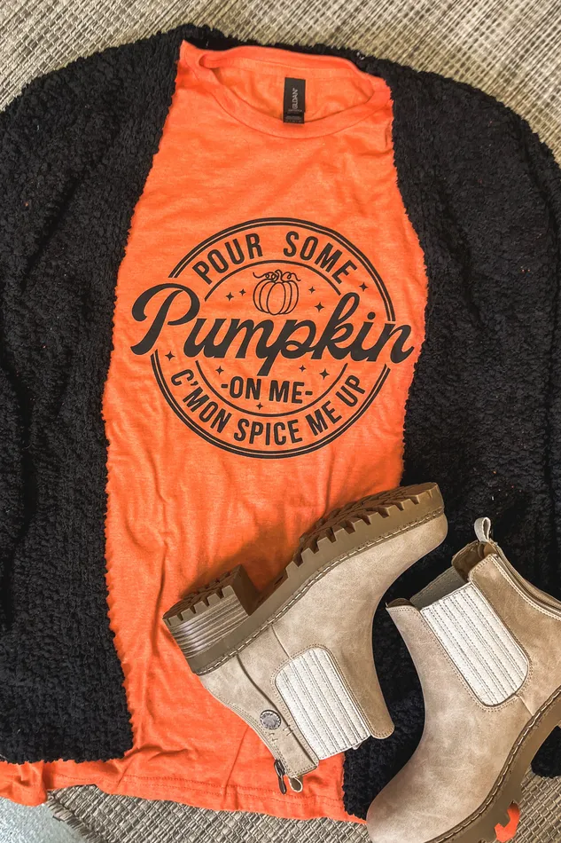 JL Franklins Earrings Pour Some Pumpkin On Me Graphic Tee Heather Orange