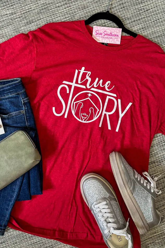 JL Franklins Earrings True Story Christmas Graphic Tee Red