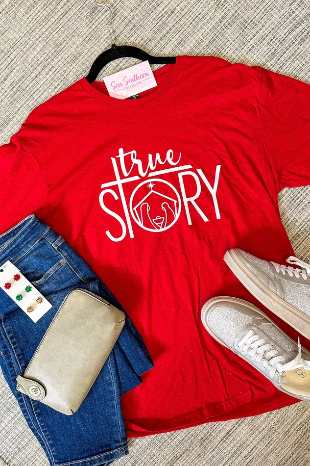 JL Franklins Earrings True Story Christmas Graphic Tee Red