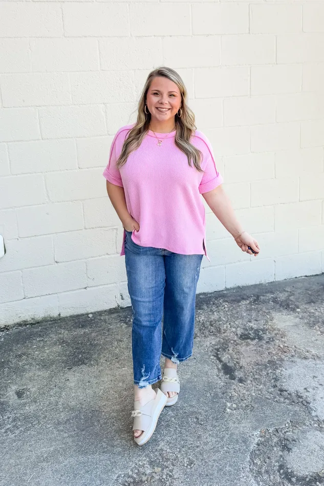 Jordan Crew Neck Ribbed Top Pink Zenana Earrings